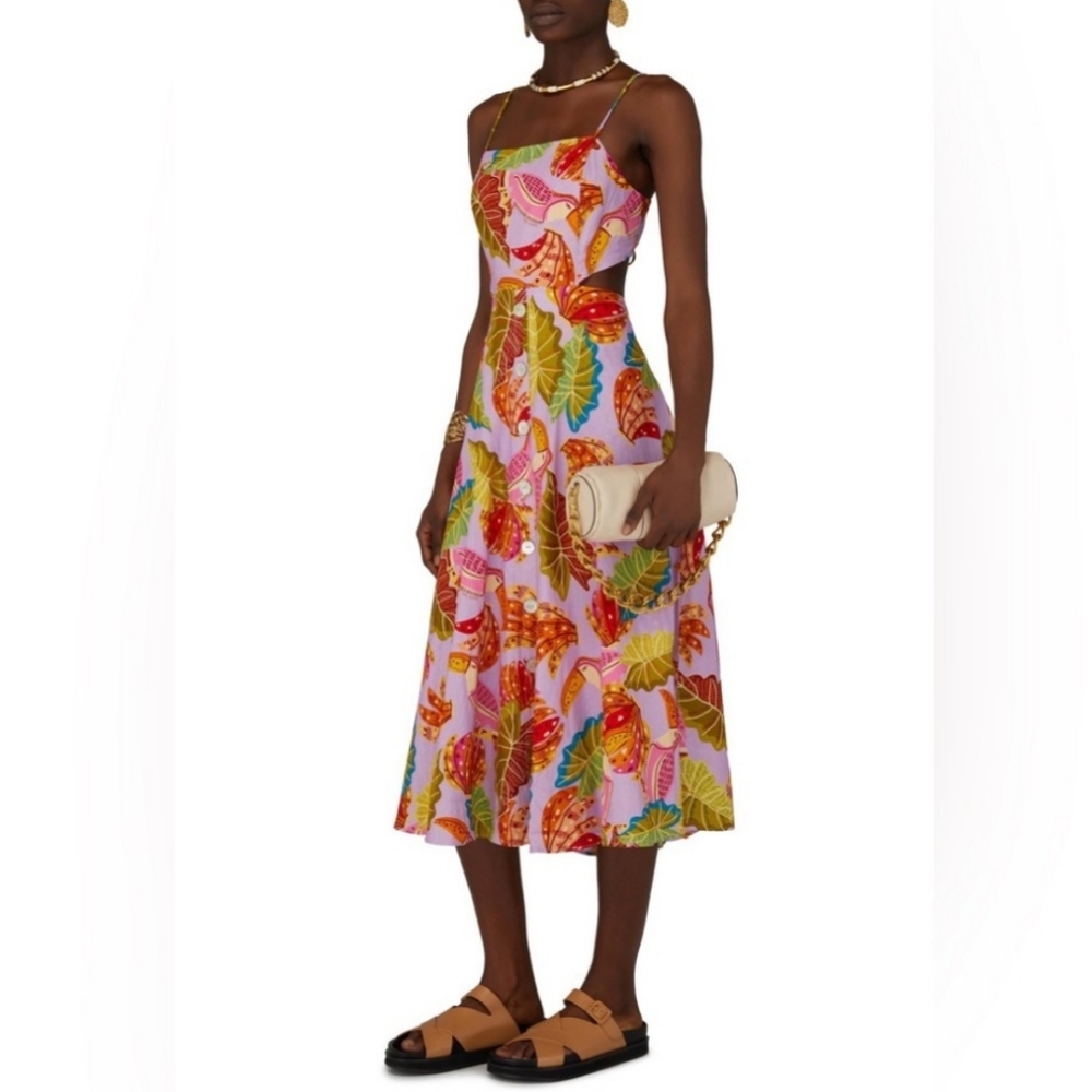 Farm Rio NWT Lilac Beaks & Bananas Midi Dress - Picture 2 of 8